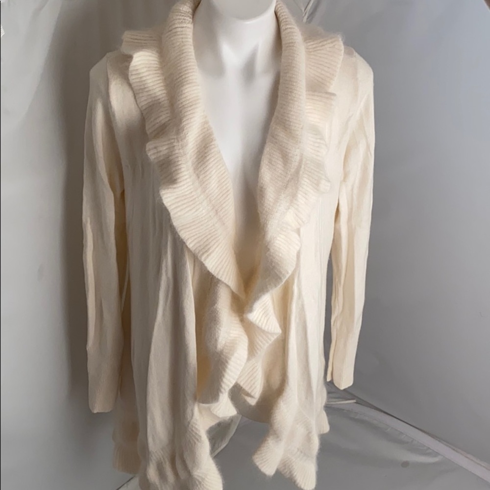 White House Black Market ivory cream ruffle open cardigan L